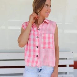 Bibi Clara Blush Vintage Plaid Sleeveless Top Apparel