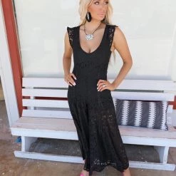 Blue Buttercup Apparel Lacie Black Lace Wide Leg Jumpsuit