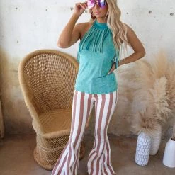 Blue Buttercup Turquoise Mineral Washed Fringe Halter Top Apparel