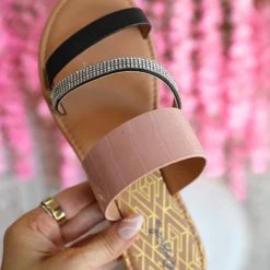 Qupid New Blush Crocodile And Black Rhinestone Sandals