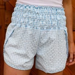 Bibi Light Blue Seersucker Smocked Waist Shorts Apparel