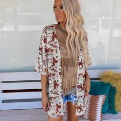 Fashion Express Cream Cowboy Theme Kimono New