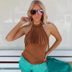 Blue Buttercup New Camel Mineral Washed Fringe Halter Top