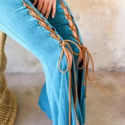 Blue Buttercup New Turquoise Mineral Washed Lace Up Front Pants