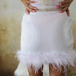 La Ros Jamie White Sequin And Feather Trim Skirt Apparel