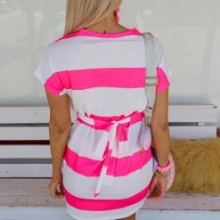 Bibi Felicia Fuchsia Striped Tie Waist Dress Apparel