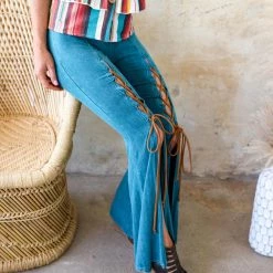 Blue Buttercup New Turquoise Mineral Washed Lace Up Front Pants