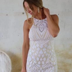 Anny Lee Veronica White High Neck Sequin Wedding Dress