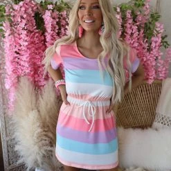 MS Lin Pastel Striped T-Shirt Dress Apparel