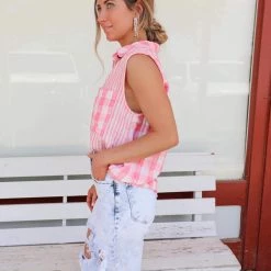 Bibi Clara Blush Vintage Plaid Sleeveless Top Apparel