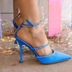 Liliana New Blue Satin Rhinestone Strap Heels