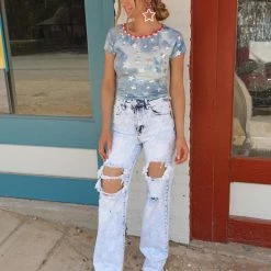 Bibi New Blue And Silver Star Top With Gingham Tie