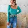 Blue Buttercup Turquoise Mineral Dyed Fringe Crop Top