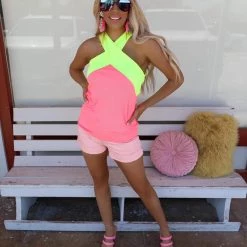 Bibi Neon Pink And Yellow Halter Top