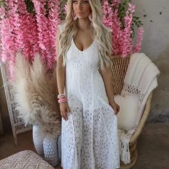 Blue Buttercup New Annie White Lace Wide Leg Jumpsuit