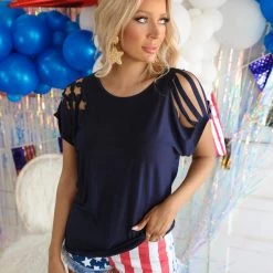 E. Luna Navy Cut Out Stars And Stripes Short Sleeve Top