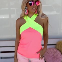 Bibi Neon Pink And Yellow Halter Top