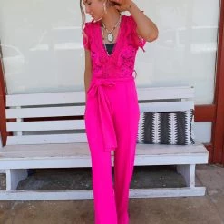 Valentine Apparel Harmony Fuchsia Crochet Jumpsuit