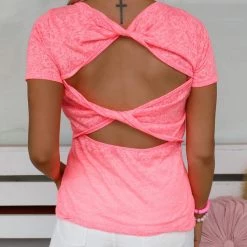 Bibi Neon Pink Twisted Back Burnout Top