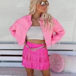 Blue Buttercup Pink Star And Fringe Denim Jacket