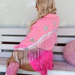 Blue Buttercup Pink Star And Fringe Denim Jacket