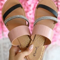 Qupid New Blush Crocodile And Black Rhinestone Sandals