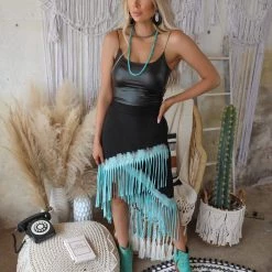 T Party New Black And Turquoise Asymmetrical Fringe Skirt