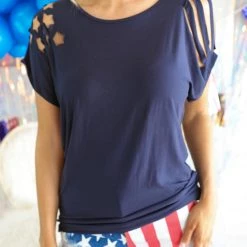 E. Luna Navy Cut Out Stars And Stripes Short Sleeve Top
