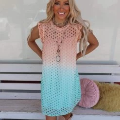 EEISOME Orange Ombre Eyelet Dress Apparel