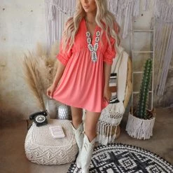 The Lace Cactus Candice Coral Eyelet Dress New