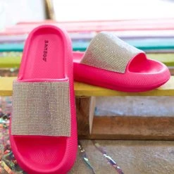 Bamboo New Scarlett Hot Pink And Rhinestone Chunky Slides