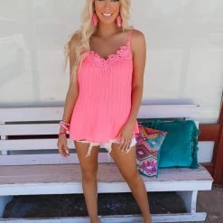 Bibi Celia Neon Pink Pleated Chiffon Tank New