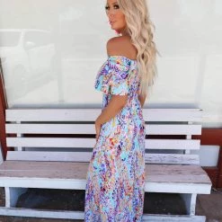 The Lace Cactus New Mint Floral Off Shoulder Maxi Dress