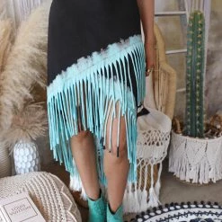 T Party New Black And Turquoise Asymmetrical Fringe Skirt