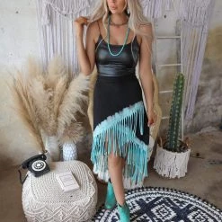 T Party New Black And Turquoise Asymmetrical Fringe Skirt
