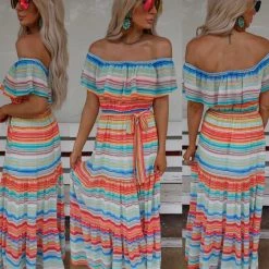Flying Tomato Fiesta Striped Off Shoulder Maxi Dress