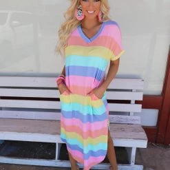 BOM BOM Milena Multicolored Striped T-Shirt Maxi Dress