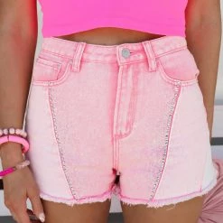 Blue B Ada Pink Colorblock Denim And Rhinestone Shorts New