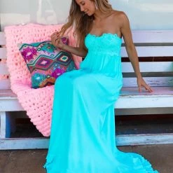 Sweet Lovely New Harper Aqua Crochet Lace Maxi Dress