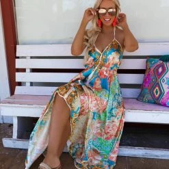 Flying Tomato Jazlynn Blue Floral Satin Handkerchief Dress New