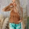 Blue B Jolie Camel Suede Fringe Racerback Tank Top