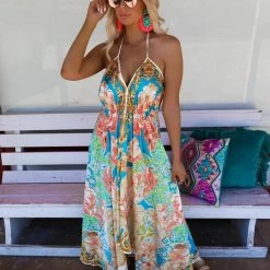 Flying Tomato Jazlynn Blue Floral Satin Handkerchief Dress New