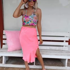 Bucket List New Julianne Neon Pink Midi Skirt
