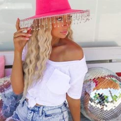 Blue B New Hot Pink Rhinestone Fringe Cowboy Hat