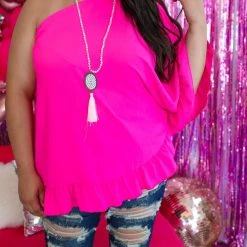 Oddi Belle Fuchsia One Shoulder Flowy Top {PLUS} New