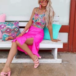 Bucket List New Nicki Neon Fuchsia Midi Skirt