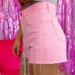 Blue B Marren Pink Denim Rhinestone Fringe Shorts New