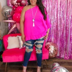 Oddi Belle Fuchsia One Shoulder Flowy Top {PLUS} New