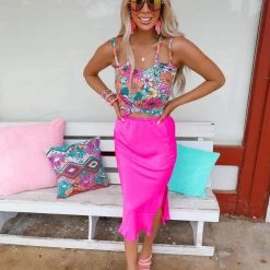 Bucket List New Nicki Neon Fuchsia Midi Skirt