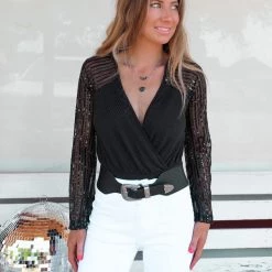 Blue Buttercup New Brenna Black Sequin Bodysuit